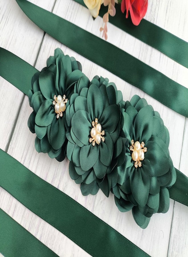 Oyabridal Flower Girl Sash Belt for Dresses Bride/Bridesmaid Sash Belts Flower Pearls Sashes for Wedding Dress (Hunter Green) - Image 4